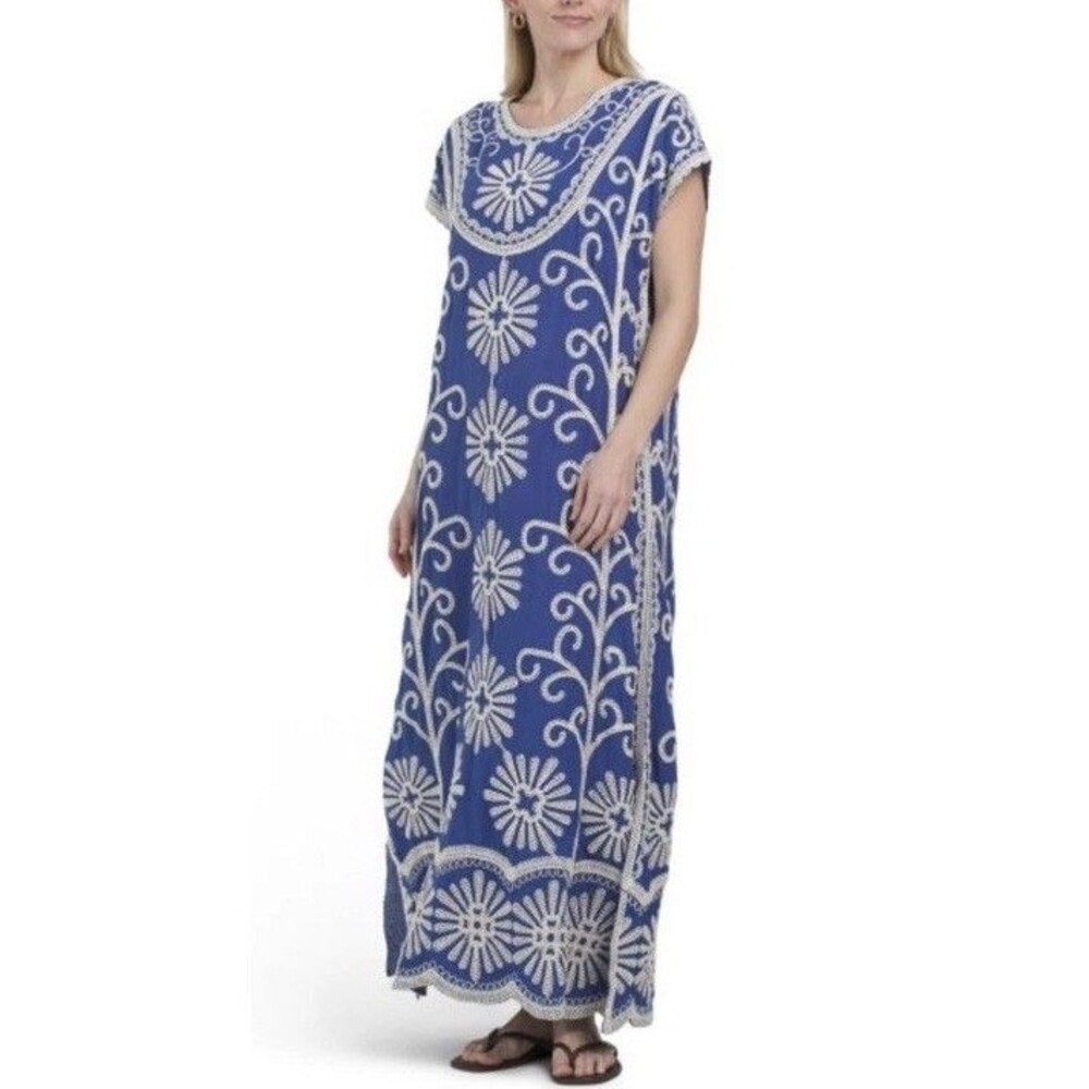 Solitaire Crochet Embroidery Scalloped Maxi Dress Rayon Kaftan  Summer Boho M